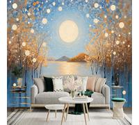 Custom Size Wall Sticker Mural， Golden Trees with Full Moon Over Lake and Mountains， for wall Decoration， peelandstick wall Decals.