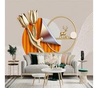 Custom Size Wall Sticker Mural，Golden Tulips and Deer Abstract Modern Geometric Design，Removable SelfAdhesive Wall Fabric Large Photo Wallpaper for Living Room Bedroom