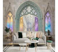 Custom Size Wall Sticker Mural， Gothic Arch Hallway， Colorful Stained Glass， Fantasy Cathedral Interior， for wall Decoration， peelandstick wall Decals.