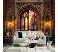 Custom Size Wall Sticker Mural， Gothic Archway with Stained Glass Door and Sunset Street， for wall Decoration， peelandstick wall Decals.