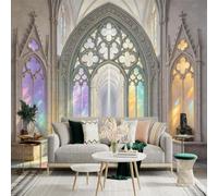 Custom Size Wall Sticker Mural， Gothic Cathedral Hall， Stained Glass Arches， Marble Corridor， for wall Decoration， peelandstick wall Decals.
