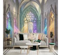 Custom Size Wall Sticker Mural， Gothic Cathedral Hall with Stained Glass and Light Beams， for wall Decoration， peelandstick wall Decals.