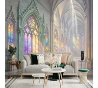 Custom Size Wall Sticker Mural， Gothic Cathedral Hall with Stained Glass Windows and Sunlight Beams， for wall Decoration， peelandstick wall Decals.