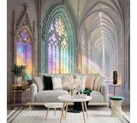 Custom Size Wall Sticker Mural， Gothic Cathedral Hallway with Stained Glass and Rainbow Light， for wall Decoration， peelandstick wall Decals.