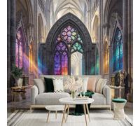 Custom Size Wall Sticker Mural， Gothic Cathedral Interior， Colorful Stained Glass， Sunlight Hall， for wall Decoration， peelandstick wall Decals.