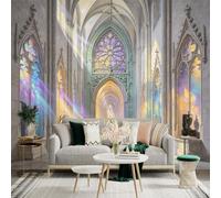 Custom Size Wall Sticker Mural， Gothic Cathedral Interior， Stained Glass Light Beams， for wall Decoration， peelandstick wall Decals.