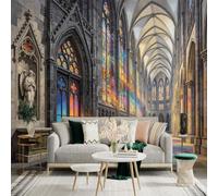 Custom Size Wall Sticker Mural， Gothic Cathedral Interior， Stained Glass Windows， Grand Hall Architecture， for wall Decoration， peelandstick wall Decals.