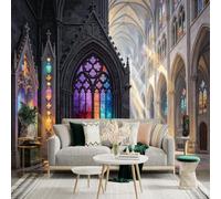 Custom Size Wall Sticker Mural， Gothic Cathedral Interior with Colorful Stained Glass and Sunlight Rays， for wall Decoration， peelandstick wall Decals.