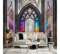 Custom Size Wall Sticker Mural， Gothic Cathedral Interior with Colorful Stained Glass Arches and Sunlight， for wall Decoration， peelandstick wall Decals.