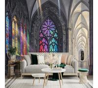 Custom Size Wall Sticker Mural， Gothic Cathedral Interior with Colorful Stained Glass Arches， for wall Decoration， peelandstick wall Decals.