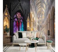 Custom Size Wall Sticker Mural， Gothic Cathedral Interior with Stained Glass Arches and Sunlight， for wall Decoration， peelandstick wall Decals.