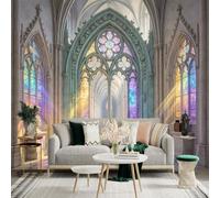 Custom Size Wall Sticker Mural， Gothic Cathedral with Stained Glass Arches and Sunlight， for wall Decoration， peelandstick wall Decals.