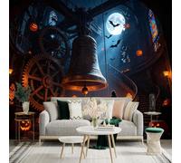Custom Size Wall Sticker Mural， Gothic Clock Tower with Giant Bell， Full Moon and Flying Bats， Glowing Jacko'lanterns， for wall Decoration， peelandstick wall Decals.