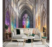Custom Size Wall Sticker Mural， Gothic Hall with Colorful Stained Glass Windows and Sunlight Rays， for wall Decoration， peelandstick wall Decals.