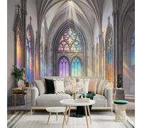 Custom Size Wall Sticker Mural， Gothic Hall with Stained Glass， Rainbow Light and Arched Interior， for wall Decoration， peelandstick wall Decals.