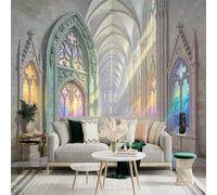 Custom Size Wall Sticker Mural， Gothic Hallway with Stained Glass Windows and Sunlight Rays， for wall Decoration， peelandstick wall Decals.