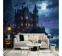 Custom Size Wall Sticker Mural， Gothic Mansion by the Sea， Full Moon Night， Glowing Pumpkins， Mysterious Spirit， for wall Decoration， peelandstick wall Decals.