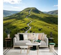 Custom Size Wall Sticker Mural， Green Rolling Hills with Serene Stream， Picturesque Highland Landscape， Natural Meadow Vista， for wall Decoration， peelandstick wall Decals.