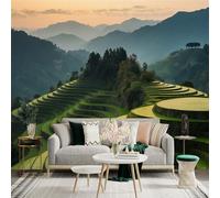 Custom Size Wall Sticker Mural， Green Terraced Rice Fields， Misty Mountain Landscape， Scenic Nature Scenery， Rural Farmland View， for wall Decoration， peelandstick wall Decals.