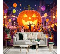 Custom Size Wall Sticker Mural， Halloween Night Party with Giant Pumpkin， Live Music Performance， Festive Decorations and Balloons， for wall Decoration， peelandstick wall Decals.