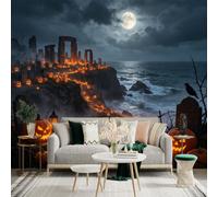 Custom Size Wall Sticker Mural， Halloween Pumpkins by the Sea， Ancient Stone Ruins， Full Moon Night Landscape， for wall Decoration， peelandstick wall Decals.