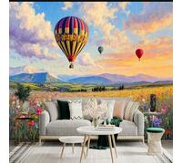 Custom Size Wall Sticker Mural，Hot Air Balloons Flying Over Flower Field Mountains Sunset Sky，Removable SelfAdhesive Wall Fabric Large Photo Wallpaper for Living Room Bedroom