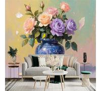 Custom Size Wall Sticker Mural， Impressionist Oil Painting of Colorful Roses in Blue Vase， Floral Bouquet Art， for wall Decoration， peelandstick wall Decals.