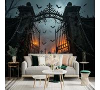 Custom Size Wall Sticker Mural， Iron Gates with Flying Bats， Foggy Cemetery Landscape， Red Roses and Chains， for wall Decoration， peelandstick wall Decals.