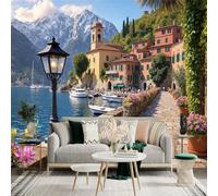 Custom Size Wall Sticker Mural，Italian Lakeside Village Mountains Snow Boats，Removable SelfAdhesive Wall Fabric Large Photo Wallpaper for Living Room Bedroom