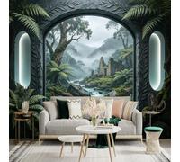 Custom Size Wall Sticker Mural， Jungle River with Ancient Stone Ruins and Misty Mountains， for wall Decoration， peelandstick wall Decals.