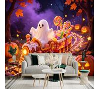 Custom Size Wall Sticker Mural， Little Ghost Driving Sweet Candy Train， Autumn Forest with Glowing Pumpkins， for wall Decoration， peelandstick wall Decals.