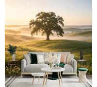 Custom Size Wall Sticker Mural， Lone Oak Tree on Misty Hill， Golden Hour Meadow， Natural Landscape View， for wall Decoration， peelandstick wall Decals.