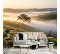 Custom Size Wall Sticker Mural， Lone Tree on Misty Hill， Golden Morning Sunlight， Wildflower Meadow， Natural Landscape Scenery， for wall Decoration， peelandstick wall Decals.