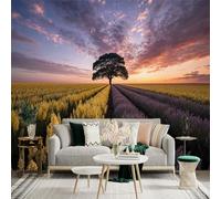 Custom Size Wall Sticker Mural， Lone Tree with Lavender and Yellow Flower Fields Under Sunset Sky， for wall Decoration， peelandstick wall Decals.