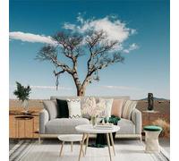 Custom Size Wall Sticker Mural， Lonely Tree in Desert， Vast Arid Landscape， Clear Blue Sky， Natural Scenery， for wall Decoration， peelandstick wall Decals.