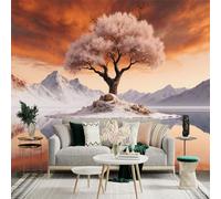 Custom Size Wall Sticker Mural， Lonely Tree on Snowy Mountain Island with Sunset Sky Reflection， for wall Decoration， peelandstick wall Decals.