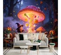Custom Size Wall Sticker Mural， Magical Mushroom with Glowing Sweets， Autumn Forest Atmosphere， Cute Squirrels and Pumpkins， for wall Decoration， peelandstick wall Decals.