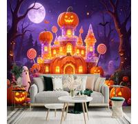Custom Size Wall Sticker Mural， Magical Pumpkin Castle， Sweet Candy Forest， Glowing Full Moon， Festive Holiday Atmosphere， for wall Decoration， peelandstick wall Decals.