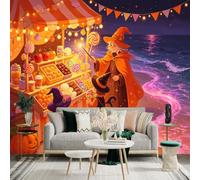 Custom Size Wall Sticker Mural， Magical Witch Candy Stall by The Sea， Festive Night Atmosphere， Enchanted Beach Party， for wall Decoration， peelandstick wall Decals.