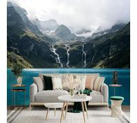 Custom Size Wall Sticker Mural， Majestic Alpine Waterfall with Turquoise Lake， SnowCapped Mountain Peaks， Nature Landscape， for wall Decoration， peelandstick wall Decals.