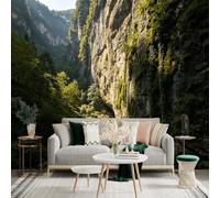 Custom Size Wall Sticker Mural， Majestic Canyon River， Sunlit Rocky Cliffs， Lush Green Valley Landscape， Natural Mountain Scenery， for wall Decoration， peelandstick wall Decals.