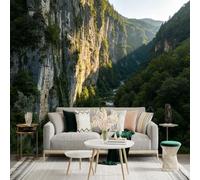 Custom Size Wall Sticker Mural， Majestic Canyon with Flowing River， Deep Valley Landscape， Sunlit Rocky Cliffs， Green Forest Scenery， for wall Decoration， peelandstick wall Decals.