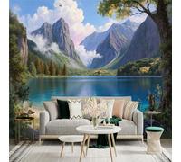 Custom Size Wall Sticker Mural， Majestic Mountain Lake Scenery， Peaceful Forest Landscape， Blue Water and Clear Sky， for wall Decoration， peelandstick wall Decals.
