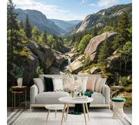 Custom Size Wall Sticker Mural， Majestic Mountain Valley， Cascading River Waterfall， Lush Forest Scenery， Natural Landscape View， for wall Decoration， peelandstick wall Decals.