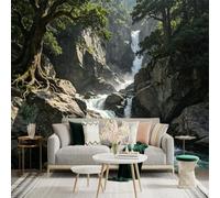 Custom Size Wall Sticker Mural， Majestic Mountain Waterfall， Flowing River Landscape， Lush Forest Scenery， Nature Inspired Wall Art， for wall Decoration， peelandstick wall Decals.