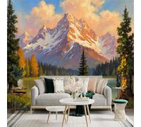 Custom Size Wall Sticker Mural， Majestic Snow Capped Mountain Peak， Serene Lakeside Scenery， Golden Hour Nature Landscape， for wall Decoration， peelandstick wall Decals.