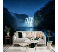 Custom Size Wall Sticker Mural， Majestic Waterfall at Night， Misty River Landscape， Starry Sky， Serene Nature Scene， for wall Decoration， peelandstick wall Decals.