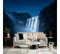 Custom Size Wall Sticker Mural， Majestic Waterfall at Night， Misty River Landscape， Starry Sky， Serene Nature Scene， for wall Decoration， peelandstick wall Decals.