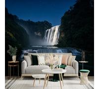 Custom Size Wall Sticker Mural， Majestic Waterfall at Night， Serene River Landscape， Starry Sky Reflection， Nature Scenery， for wall Decoration， peelandstick wall Decals.