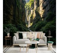 Custom Size Wall Sticker Mural， Majestic Waterfall in Deep Canyon， Lush Green Cliffs and Flowing River， for wall Decoration， peelandstick wall Decals.